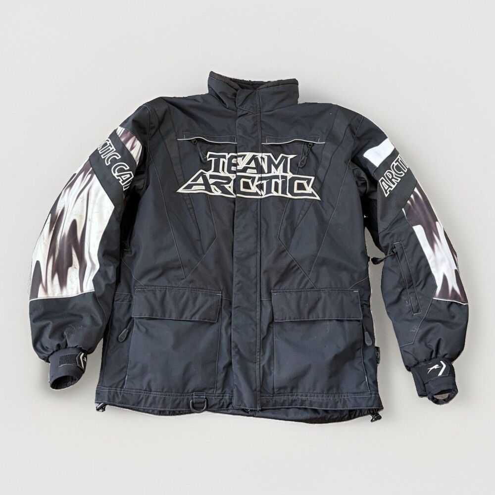 Vintage Team Arctic Cat Snowmobile Racing Jacket Coat Black Size L Sno Pro
